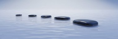 Okyanus yüzeyinde yüzen Zen çakıl taşları. Spa sağlığı ve yoga meditasyon konsepti. Dalgalanan denizde pürüzsüz taşlar. Feng sui. 3d rende