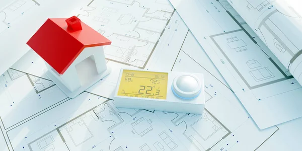 住房能源效率 图纸上的数字恒温器和建筑模型 家庭加热温度控制设计 3D渲染 — 图库照片
