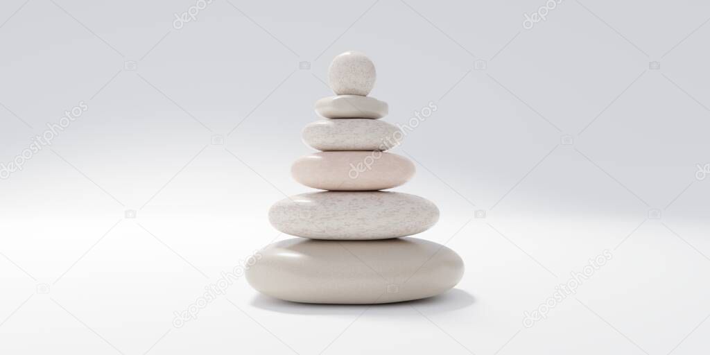 Zen stones stack, sea pebbles pyramid pastel color. white background. Balance and spa wellness concept, Holistic natural therapy. 3d rende