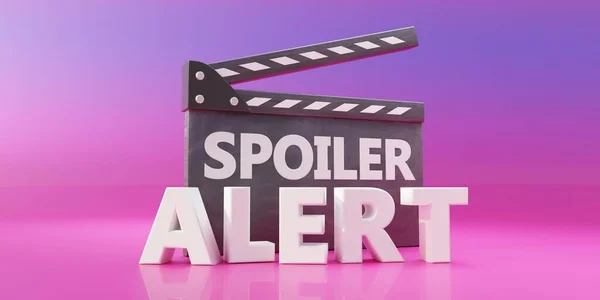 Spoiler Alertテキストや映画シーンのクラッパーボード ピンク紫色の背景に黒映画のクラッパー 映画製作 ビデオ制作 3Dレンダリング — ストック写真