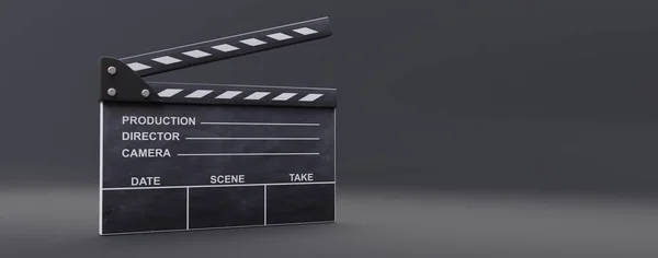 グレーの背景 バナー コピースペースに映画のクラッパー 黒の映画シーンのクラッパーボード 映画製作 ビデオ制作 3Dレンダリング — ストック写真