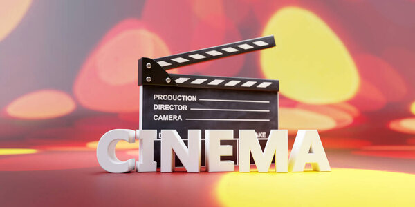 CINEMA and Movie clapper. Filmmaking, video production. Film scene clapperboard and white text on colorful background, banner, copy space. 3d render
