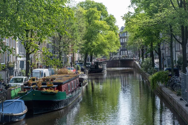 Amszterdam Csatorna Hollandia Hajók Úszó Lakóhajók Vízen Hagyományos Házak Tégla — Stock Fotó