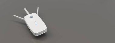 Kablosuz yineleyici kablosuz ağ genişleticisi gri arkaplanda izole edildi. İnternet destekleyici, beyaz renk, yakın görüntü. 3d hazırlayıcı