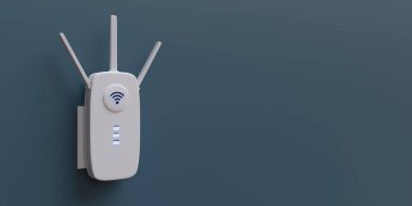 Wi-Fi genişletici, kablosuz yineleyici mavi duvarda izole edildi. İnternet destekleyici, beyaz renk, yakın görüntü. 3d hazırlayıcı