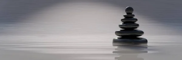 Balance stone, Zen pebbles stack on water. Spa wellness and yoga meditation concept, Smooth rock pyramid, copy space. Holistic therapy. 3d rende