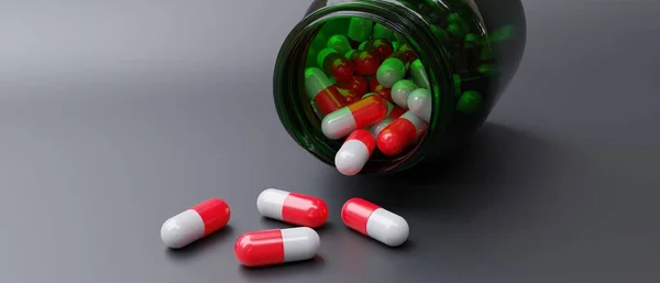 Capsula Medicinale Colore Bianco Rosso Sparso Dalla Bottiglia Verde Fondo — Foto Stock