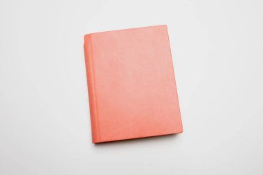 Kitap beyaz arka planda izole edilmiş. Boş kapak pembe deri kaplama günlük, kopyalama alanı, şablon