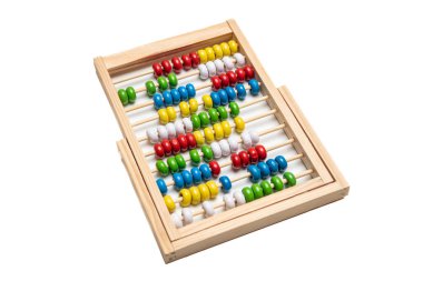 School abacus with colorful beads isolated and cut out on white color background. Calculate, count, children math class