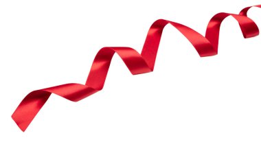 Christmas decoration, gift Xmas present concept. Red color shiny curly ribbon isolated cutout on white background, design element,