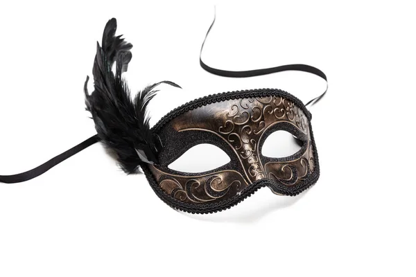 Carnaval Masker Bruine Kleur Met Zwarte Veren Decoratie Geïsoleerd Witte — Stockfoto