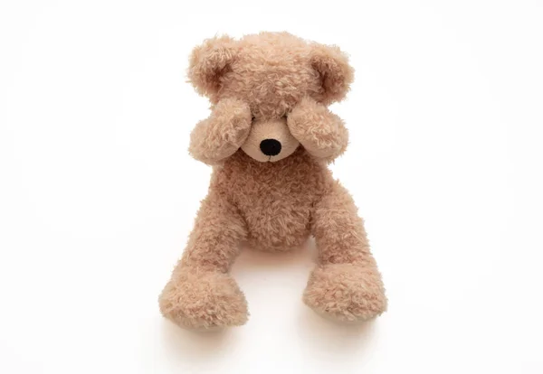 Teddy Bear Cover Eye Isolated White Background Front View Child — Zdjęcie stockowe