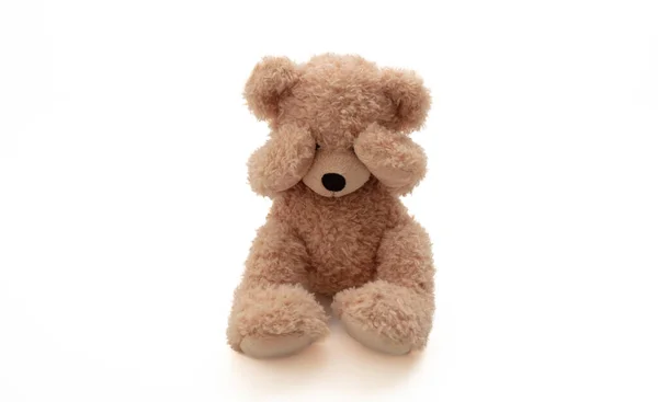 Child Abuse Concept Teddy Bear Cover Eye Isolated White Background — Stock fotografie