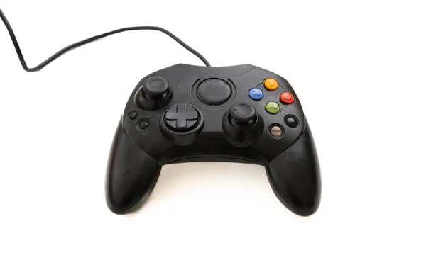 白い背景に隔離されたゲームコントローラー オーバーヘッドビデオゲームコンソールコントロール 黒の色 — ストック写真