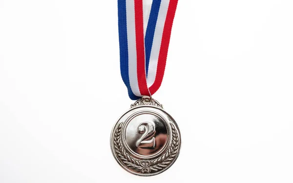 Silver Medal Second Place Champion Trophy Award Red Blue Ribbon — Stok Foto