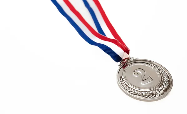 Medaglia Argento Secondo Posto Premio Trofeo Campione Nastro Rosso Blu — Foto Stock
