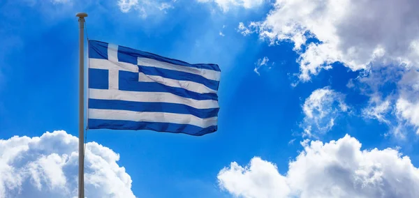 Greek National Official Flag Flagpole Waving Wind Greece Sign Symbol — Zdjęcie stockowe