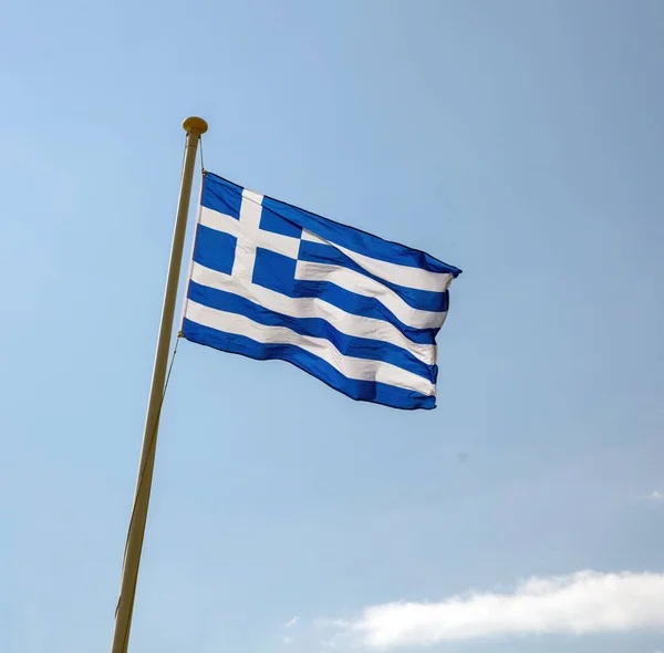 Bandeira Oficial Nacional Grega Mastro Bandeira Acenando Vento Símbolo Grécia — Fotografia de Stock