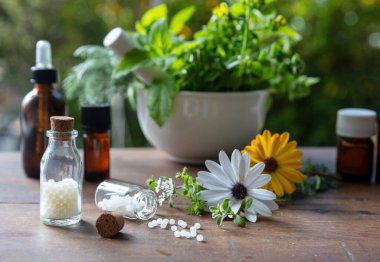 Homeopati eczanesi, bitkisel ilaçlar, doğal ilaçlar. Cam bir şişeden saçılan homeopatik küreler, havanda taze bitkiler, yeşil doğa arka planı..