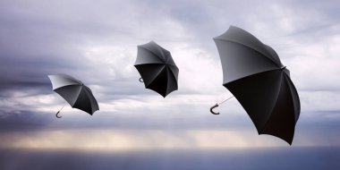 Siyah renkli şemsiyeler rüzgarla, bulutlu gökyüzü arka planıyla, Özgürlük, hava, kış mevsimi konseptiyle yükseğe uçar. 3d hazırlayıcı