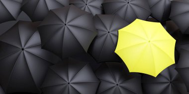 Kalabalıktan, bireysellikten ve farklı kavramlardan uzak durmak. Benzersiz sarı şemsiye, siyah, kopya alanı, üst görünüm. 3d hazırlayıcı