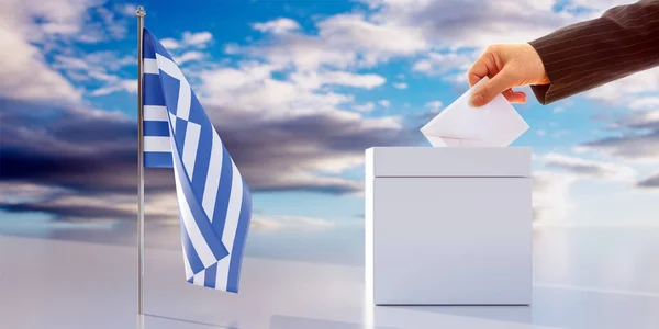 Вибори Греції Людина Тримає Білий Конверт Слоті Голосування Грецький Прапор — стокове фото