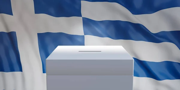 希腊的选举 白色投票箱上挥动希腊国旗背景 空白投票箱 3D渲染 — 图库照片