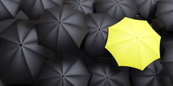 Standing Out Crowd Individuality Difference Concept Unique Yellow Umbrella Many — Stock Photo, Image