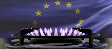 Yanan gaz, Avrupa Birliği bayraklı mutfak ocağı. Yemek maliyeti, Avrupa 'da doğal gaz arzı. 3d hazırlayıcı