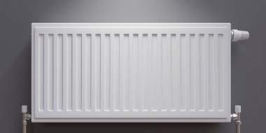 Gaz ısıtıcısı, sıcak bir ev. Gri duvar manzaralı beyaz radyatör, apartman ısıtma kurulum sistemi, 3D render