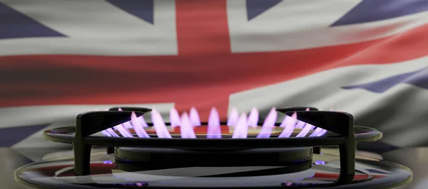 Natural Gas supply in UK, cooking cost concept. Burning gas, kitchen stove burner on United Kingdom flag background. 3d render