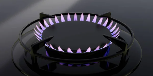 Burning gas cooker, domestic kitchen stove burner on dark background, close up view. Domestic 3d render