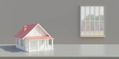 Kırmızı kiremit çatılı ev modeli, gri duvarlı cam pencere. Emlak bürosu ve iş. 3d hazırlayıcı
