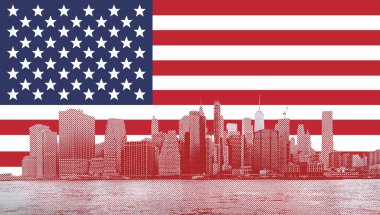 New York şehri Manhattan 'ın göbeğinde Amerika Birleşik Devletleri bayrağı arka planında
