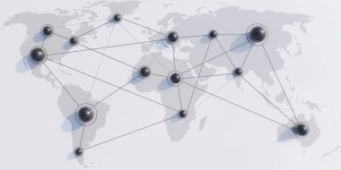 Sosyal medya ağı kavramı. Gri harita arka planında siyah çizgiyle birbirine bağlı siyah küreler. Evrensel çevrimiçi bağlantı. Genel bakış. 3d hazırlayıcı