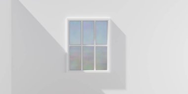 Boş beyaz duvar arkaplanındaki ofis penceresi. Bulanık cam ön görüş. Uzayı kopyala Ev içi reklam şablonu. 3d hazırlayıcı