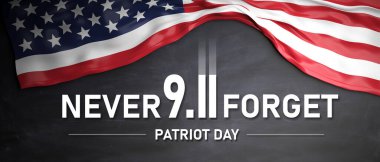 9-11 Asla Unutma. ABD Vatanseverlik Günü. Mesaj ve Amerika Birleşik Devletleri bayrağı siyah arkaplanda. 11 Eylül 2001 'i hatırla. 3d hazırlayıcı