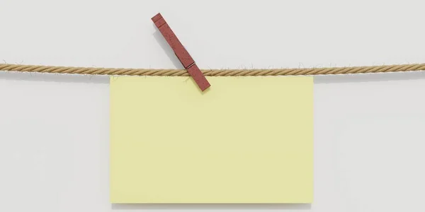 Yellow Paper Card Hanging Rope One Wooden Clothespin Rectangle Blank —  Fotos de Stock