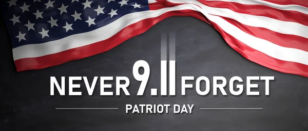 9 11 Never Forget. USA Patriot Day. Text and United States America flag on black background. Remember September 11, 2001. 3d render