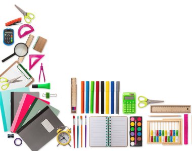 Back to school background. School office supplies and stationery isolated on white color, top view, copy space.