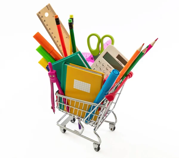 Back School Concept School Office Supplies Stationery Shopping Trolley Isolated — 스톡 사진