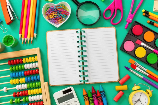 Back School Background Open Notebook Green Color Office Supplies Stationery — Φωτογραφία Αρχείου