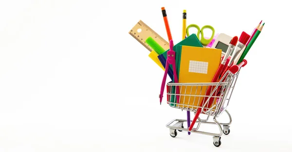 School Office Supplies Stationery Shopping Trolley Isolated White Color Copy —  Fotos de Stock