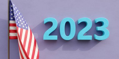 2023 Happy New Year America. USA flag and year number on pastel purple color wall background. 3d render