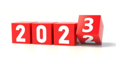 2023 yılbaşı, başlangıçlar konsepti değiştirir. Beyaz arka planda kırmızı küpler izole edilmiş. 3d hazırlayıcı