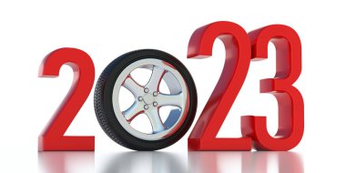 2022 yeni yıl güvenli sürüş konsepti. Kırmızı parmaklar arasındaki alaşımlı tekerlek beyaz arka planda izole edilmiş. 3d hazırlayıcı