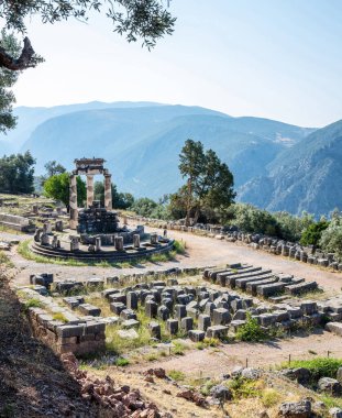 Delphi Yunanistan, Arkeoloji Bölgesi. Antik Yunanca Delfi 'yi dünyanın merkezi olarak kabul ederdi. Taş ve sütunlar, yüksek açı görünümü.