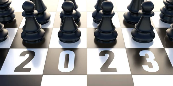 2023 Happy New Year Number Chessboard Chess Pieces Close Render — Stock fotografie