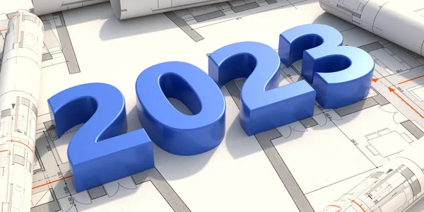 New Year 2023 Blue Number Construction Project Blueprint Architect Engineer — Stok fotoğraf