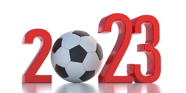 Soccer football 2023. New Year number red color with classic ball isolated on white background. 3d render